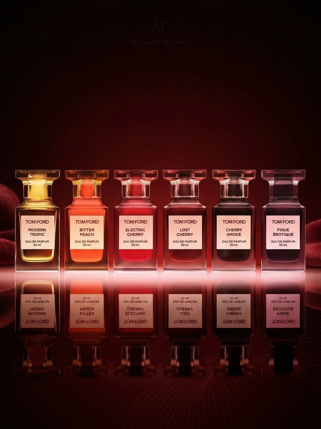 Tom Ford Beauty product photo: clear glass, gold cap, amber peach and ruby red, glass, bright light