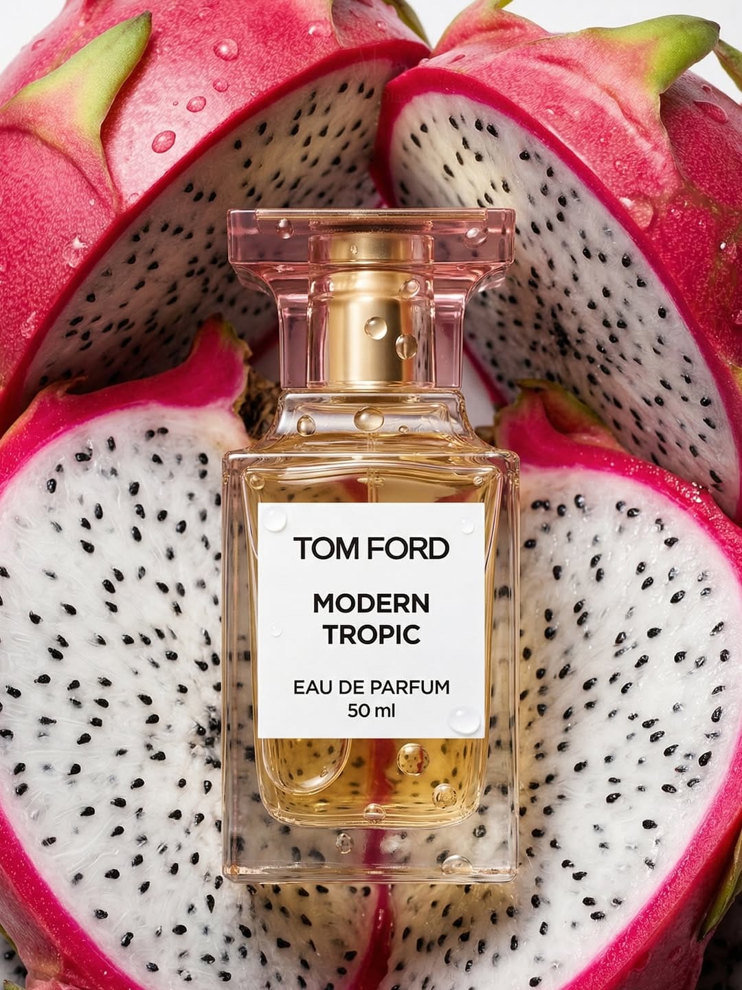 Tom Ford Beauty product photo: clear glass, gold cap, amber peach and ruby red, glass, bright light, image 2 of 3