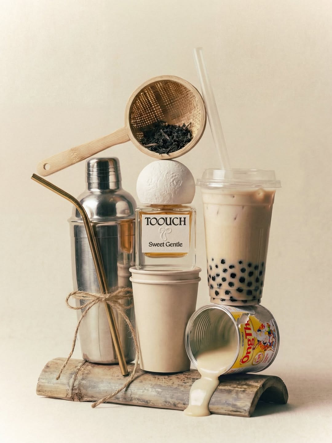 Toouch Scent product photo: milk tea, chalk white and amber, glass and wood, soft light
