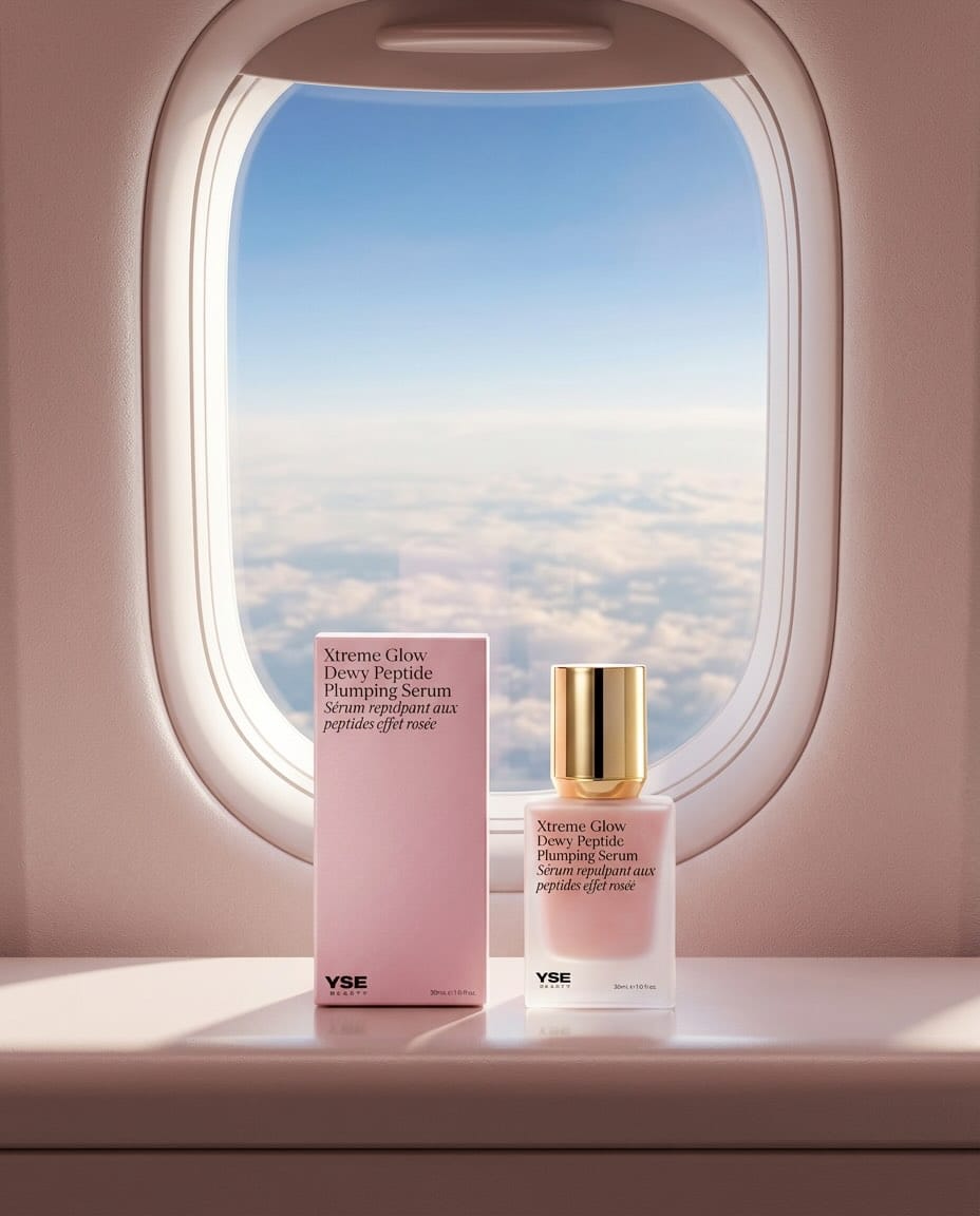 YSE Beauty's glow serum product photo: blush pink, gold cap and white, glass, natural light