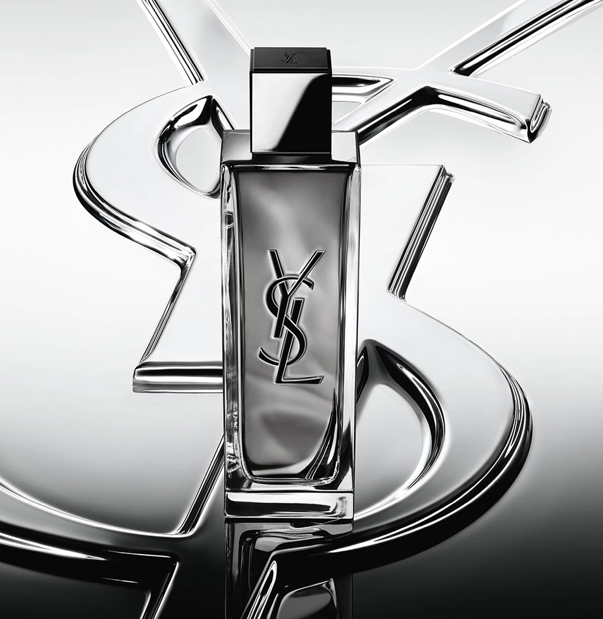 YSL Beauty MYSLF product photo: smoke grey, black cap, chrome and clear glass, glass, studio light, image 4 of 4