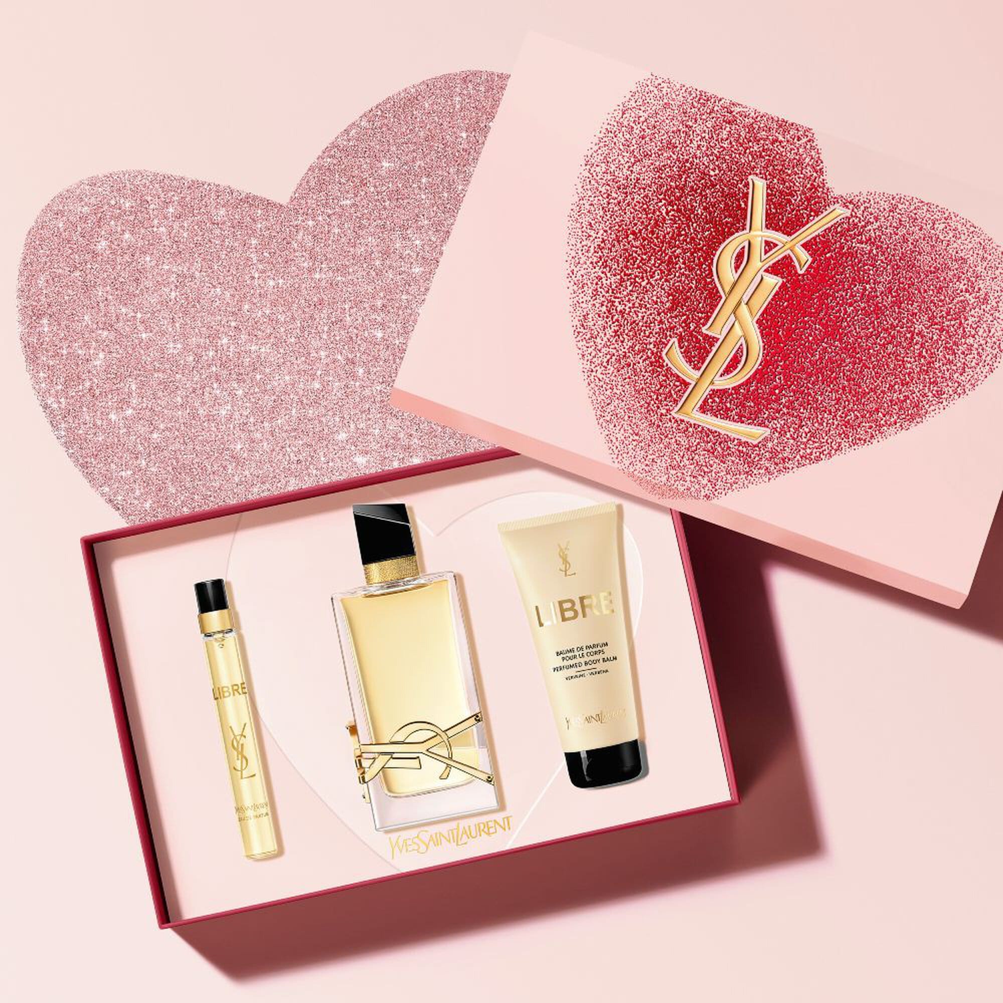 YSL Beauty Valentine's product photo: blush pink, logo gold, heart red and navy, glass, bright light, image 2 of 4