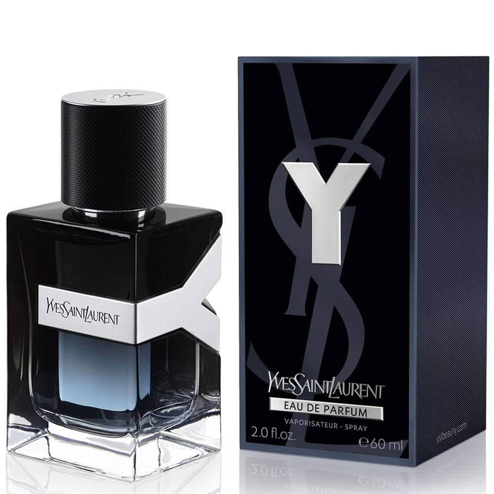 YSL Y Eau de Parfum product photo: midnight black, deep blue and silver, glass, studio light, image 2 of 2